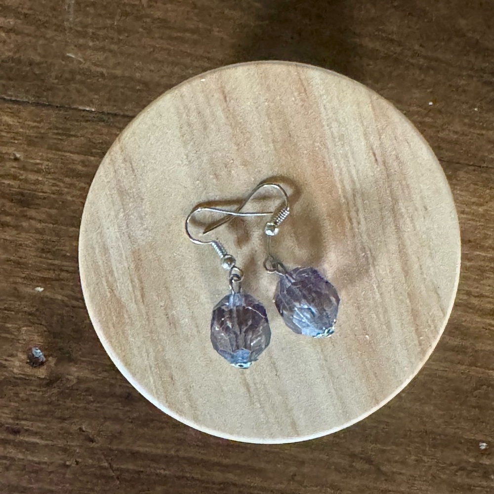 Gray Crystal Drop Earrings Faceted Glass Bead Dangle Silver Classic